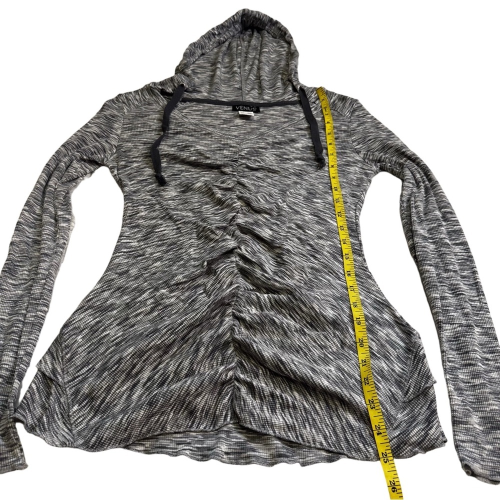 VENUS Grey Marled Knit Hoodie Size Small Long Sleeve Ruching Down Center Front - Picture 10 of 11